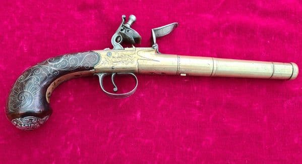 A Fine silver mounted brass framed flintlock cannon barrel pistol by Bunney London C. 1780. Ref 3419